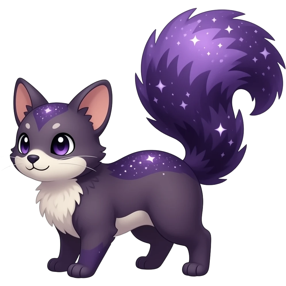 Hyper realistic midnight-violet velvet fur soaked in starlight glitter and shadow gradients beautiful elegant pretty precious cute Fakémon-Pokémon-opossum-feline-serval-caracal-chinchilla-Furret-Minccino-hybrid-creature with a big fluffy bushy tail (full body) emoji
