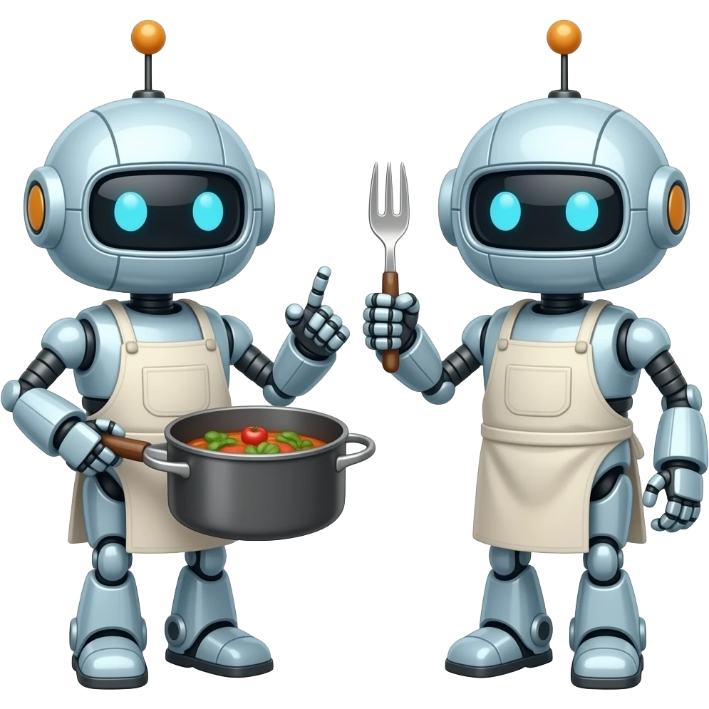 pair of funny friendly looking robots cooking emoji