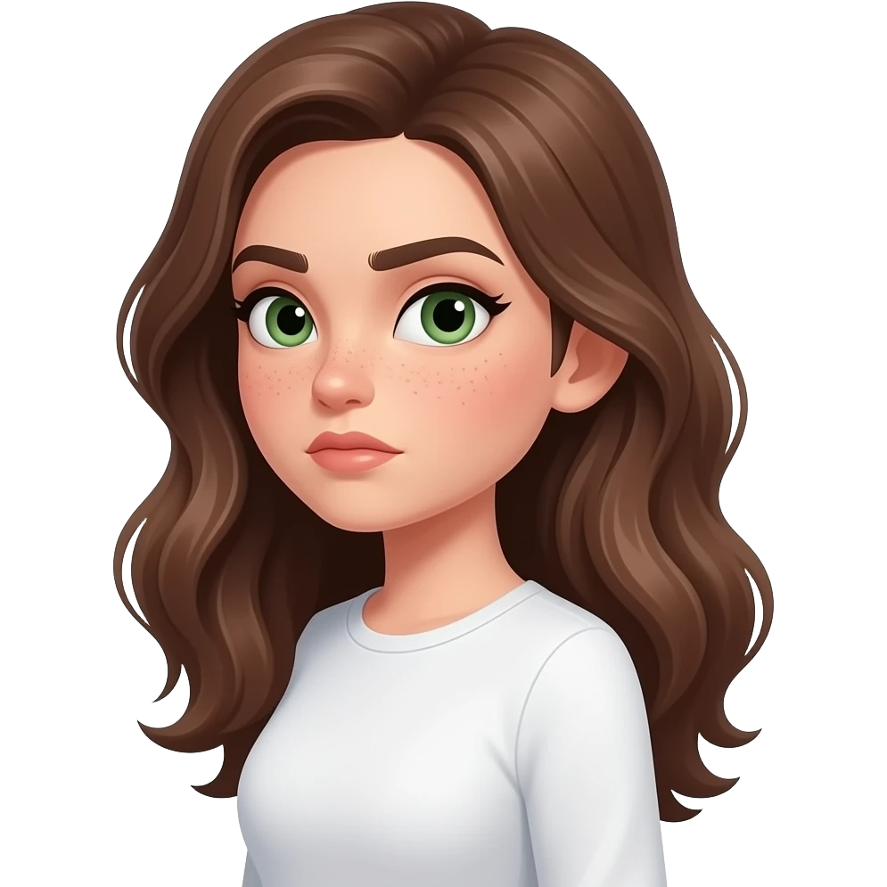 side view strong face expression very visible judgmental,caricatured,suspicious side-eye meme eyes looking sharply to the side looking sideways with suspicion by Brown wavy long haired with green eyes with one eyebrow raised cute face with freckles pretty girl in cute white top with long sleeve emoji