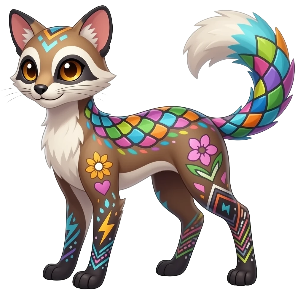 Colorful scaly soft spunky elegant thin Realistic tall slim unique fantasy original shiny smooth soft flurry edgy cool Civet-Absol-Sprigatito-Vaporeon-Fakémon-hybrid with tribal chevron heart floral lightning bolt strikes damask paisley markings emoji