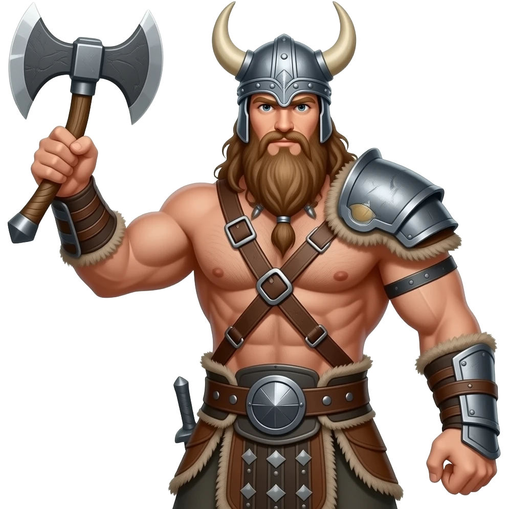 Vikinger mit nackten muskulösem körper und einer behaarten und starken Brust, mit Leder Riemen und Schulterpanzer. Er schwinkt eine Axt und trägt ein Helm mit Hörnern und hat ein langen Bart emoji