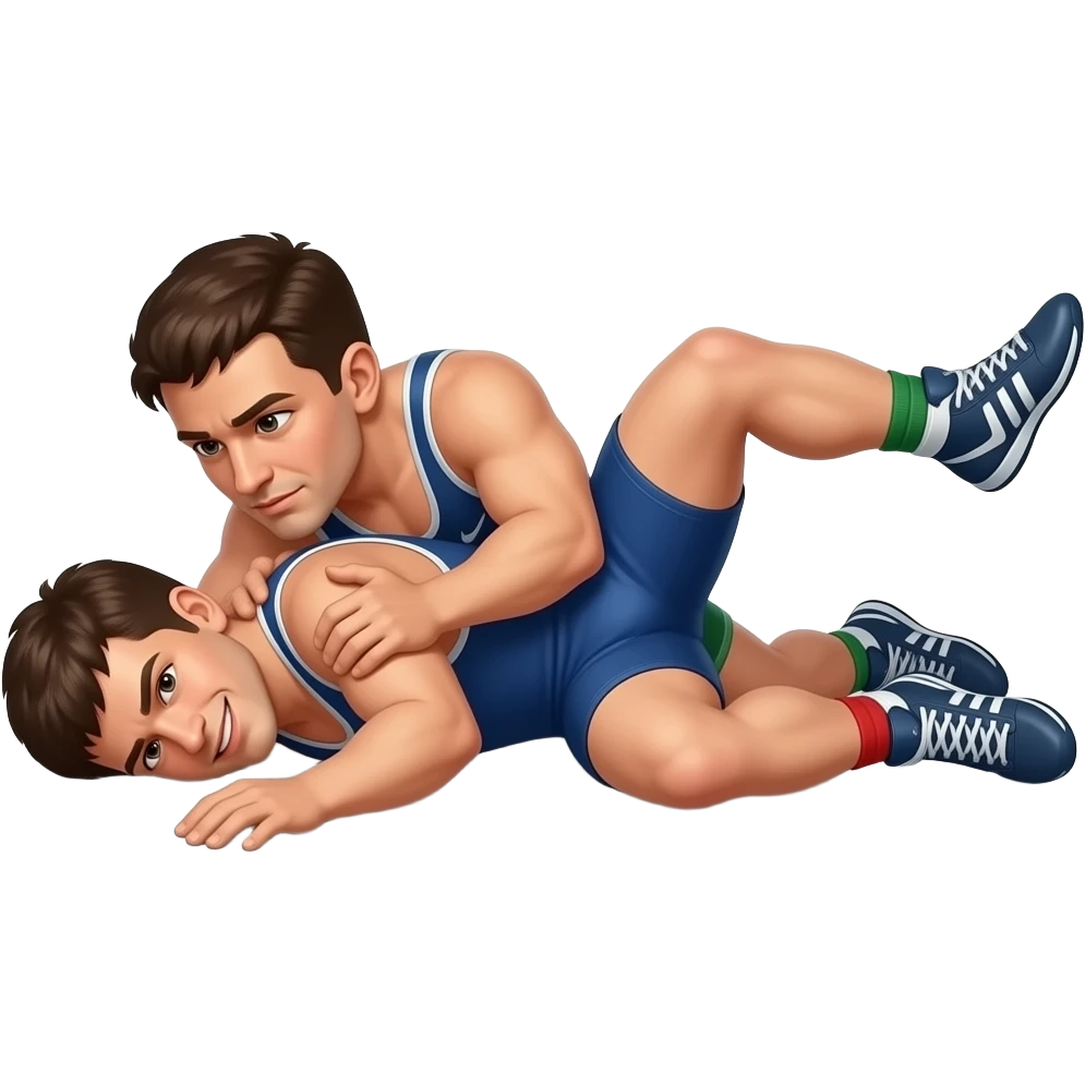 Erstelle ein Bild von zwei Wrestler in kurzen, knappen und engen Wrestler-suits, die beiden haben unterschiedlich Farben an (Grün und blau) und sie ringen liegend miteinander auf dem Boden emoji