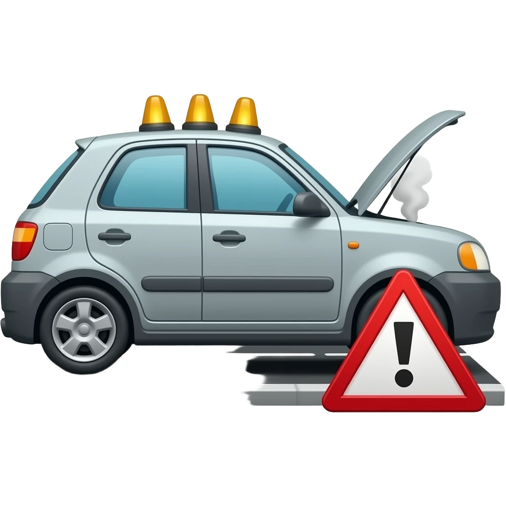3D cartoon emoji style car stopped on roadside with emergency  hazard lights blinking, red warning triangle placed behind the  car on the road, hood slightly open, smoke coming from engine,  side view, glossy 3D render, cute style, white background emoji