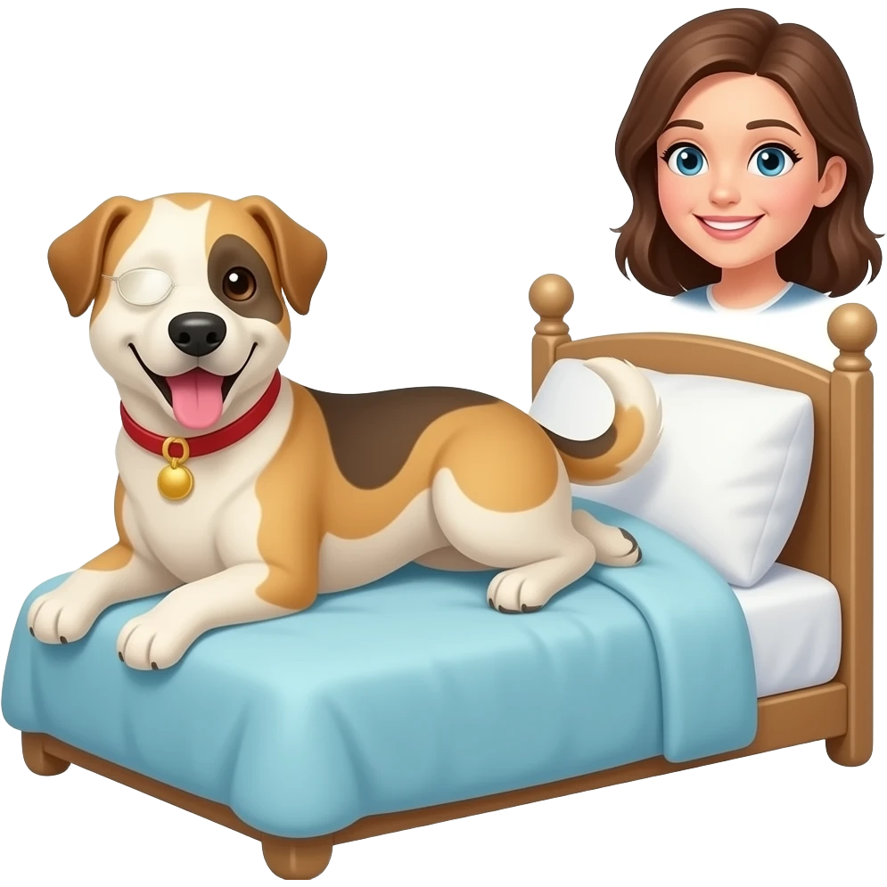 Un perro ocupando toda la cama mientras una mujer se queda en una pequeña esquina mirándolo feliz emoji