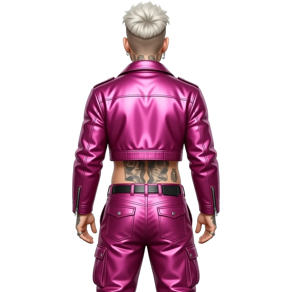 Machine Gun Kelly from behind with white blonde hair, hot pink metallic jacket crop top, hot pink metallic baggy pants emoji