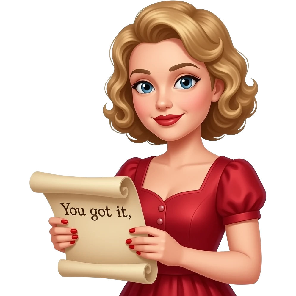 Short curly blond hair side swept Holding an open scroll saying you got it with red nail polish, brown lipstick and red vintage dress emoji