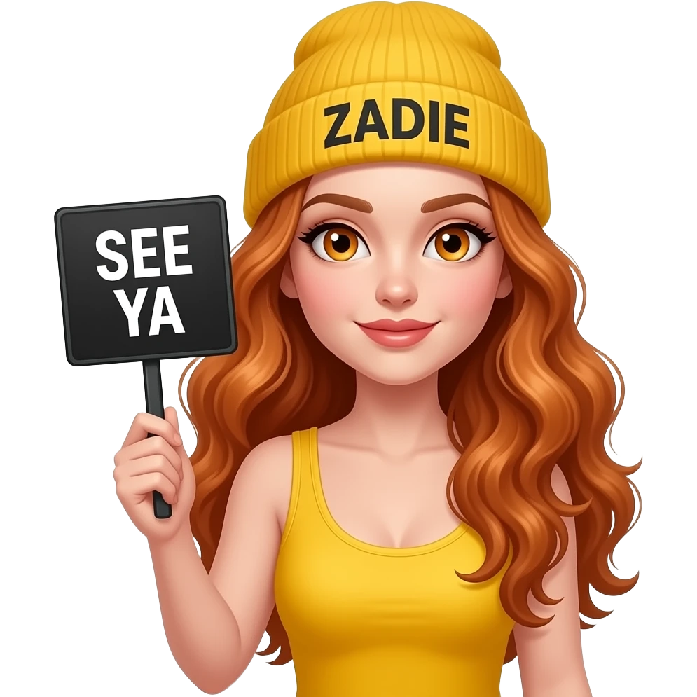 sexy girl with overlong wavy ginger hair and ginger eyes wearing a yellow tanktop and a yellow beanie with ZADIE written on it, is holding a black sign with just SEE YA on it emoji