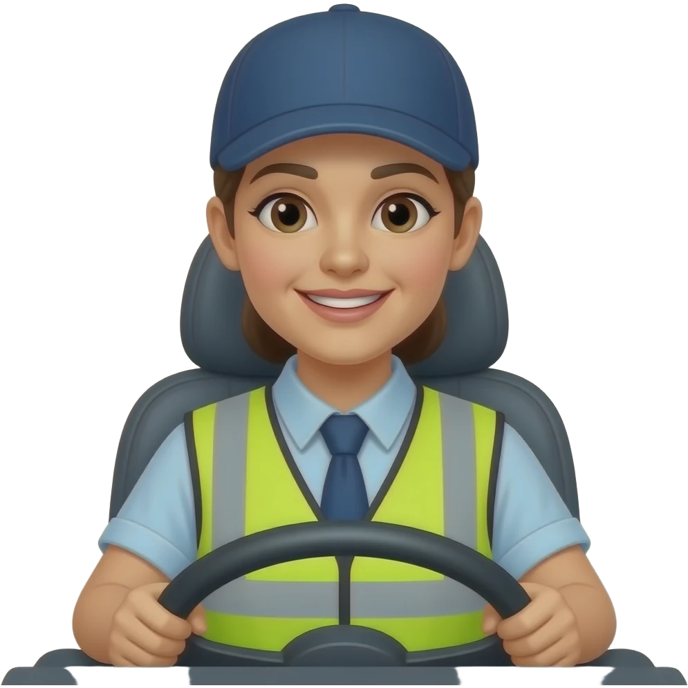 Female bus driver, wearing hi-viz & flatcap friendly expression sitting in front of a steering wheel emoji