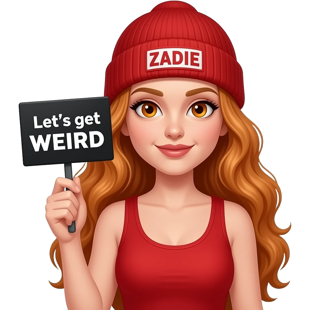 sexy girl with overlong wavy ginger hair and ginger eyes wearing a red tanktop and a red beanie with ZADIE written on it, is holding a black sign with Let's get WEIRD written on it emoji