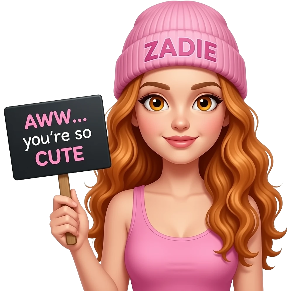 sexy girl with overlong wavy ginger hair and ginger eyes wearing a pink tanktop and a pink beanie with ZADIE written on it, is holding a black sign with AWW... you're so CUTE written on it emoji