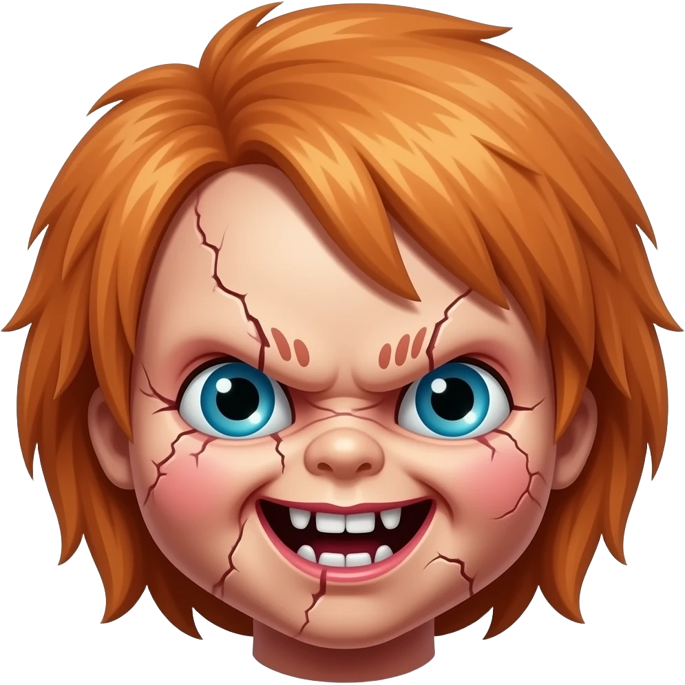 Child's Play, Chucky, Head only, Cracked and scarred face, orange hair emoji
