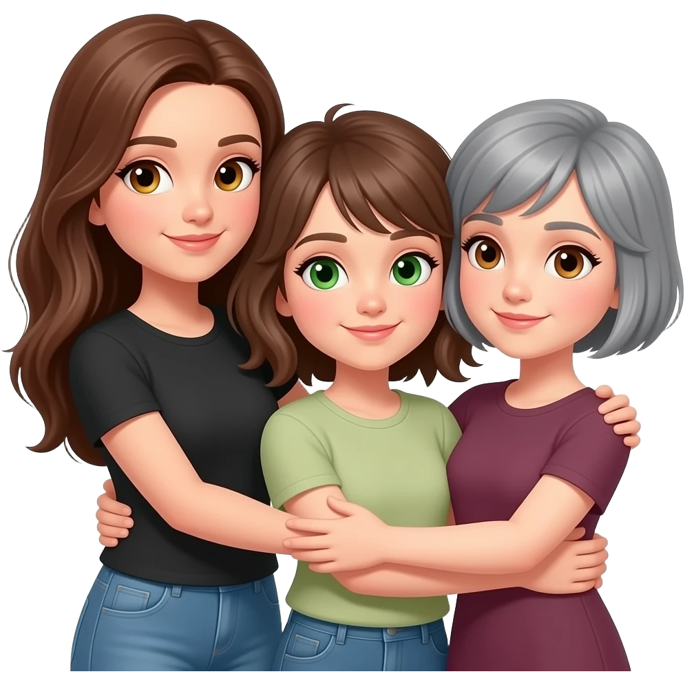 3 sisters all same height 1 long brunette hair,  1 shaggy hair to shoulders 1 grey short hair all hugging the one on the left hazel eyes, the middle one green eyes, the right brown eyes emoji