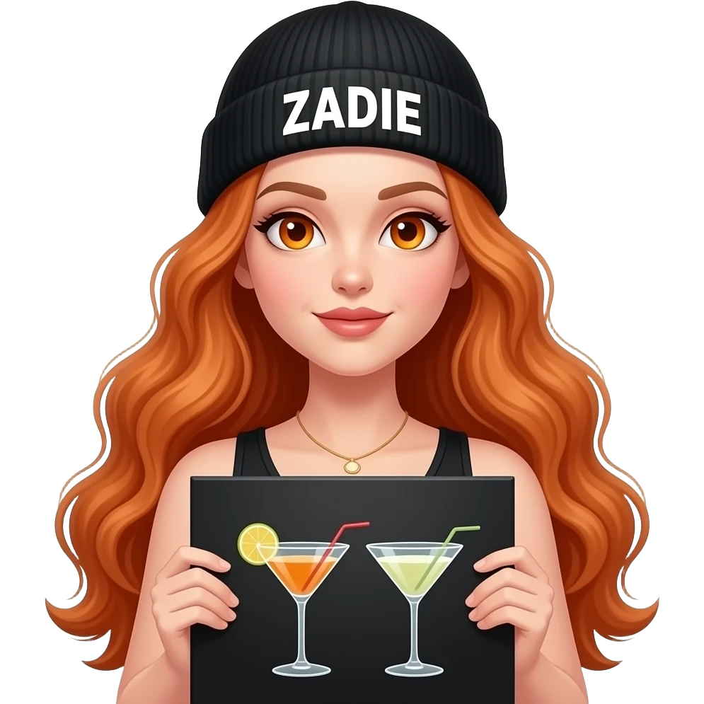 sexy girl with overlong wavy ginger hair and ginger eyes wearing a black tanktop and a black beanie with ZADIE written on it, is holding a black sign with 🍸🍹 on it emoji