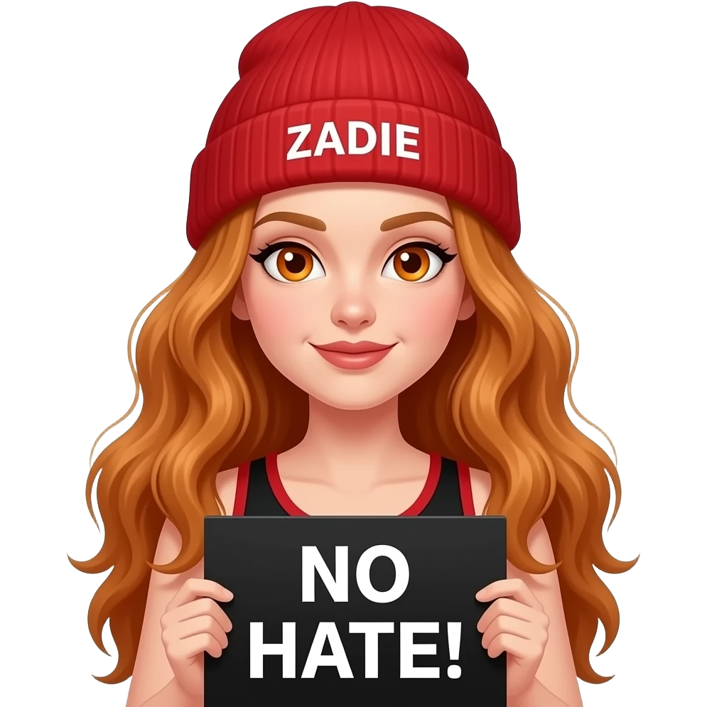 sexy girl with overlong wavy ginger hair and ginger eyes wearing a black red tanktop and a red beanie with ZADIE written on it, is holding a black sign with NO HATE! written on it emoji