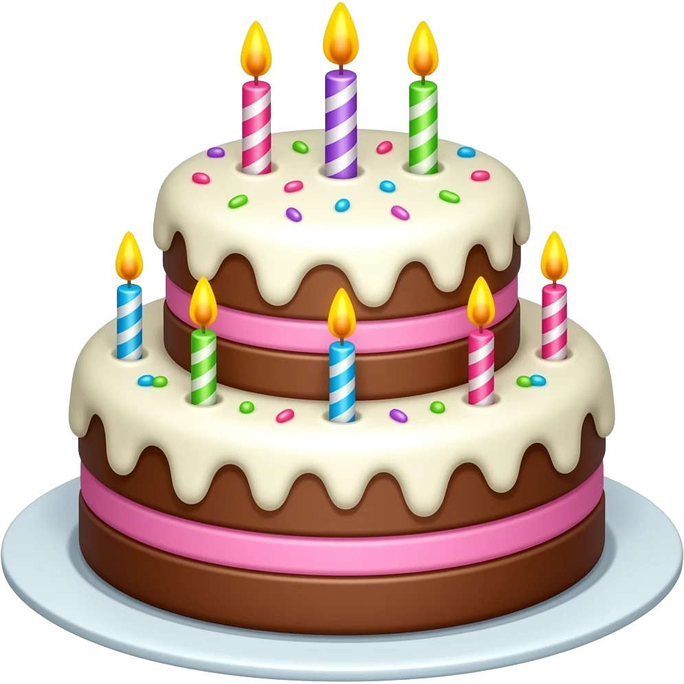 festive two-story cake (white icing on top, pink bottom, brown cakes) with candles (five on the lower floor and 3 on the upper floor) and sprinkles, there is no plate emoji