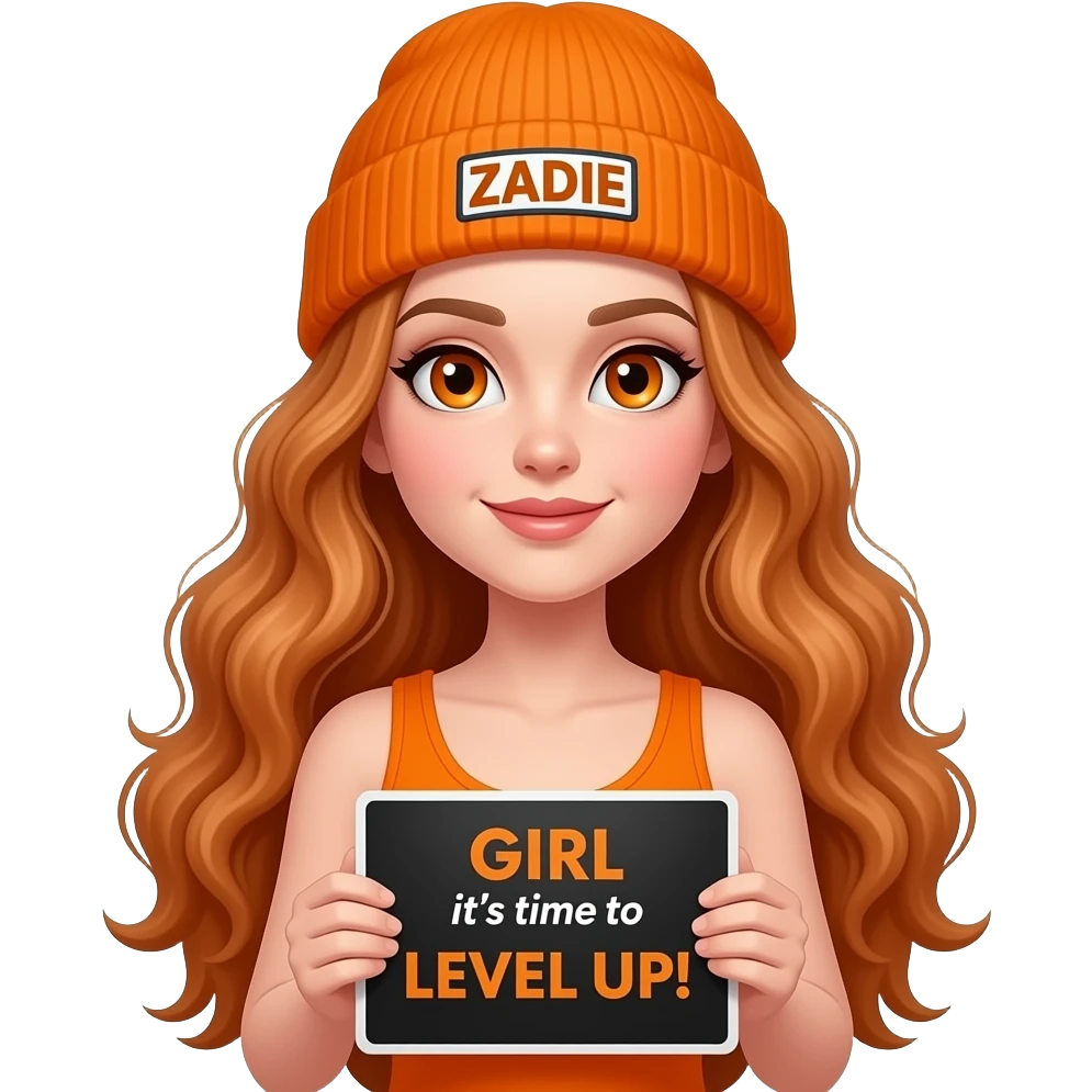 sexy girl with overlong wavy ginger hair and ginger eyes wearing a orange tanktop and a orange beanie with ZADIE written on it, is holding a black sign with GIRL it's time to LEVEL UP! written on it emoji