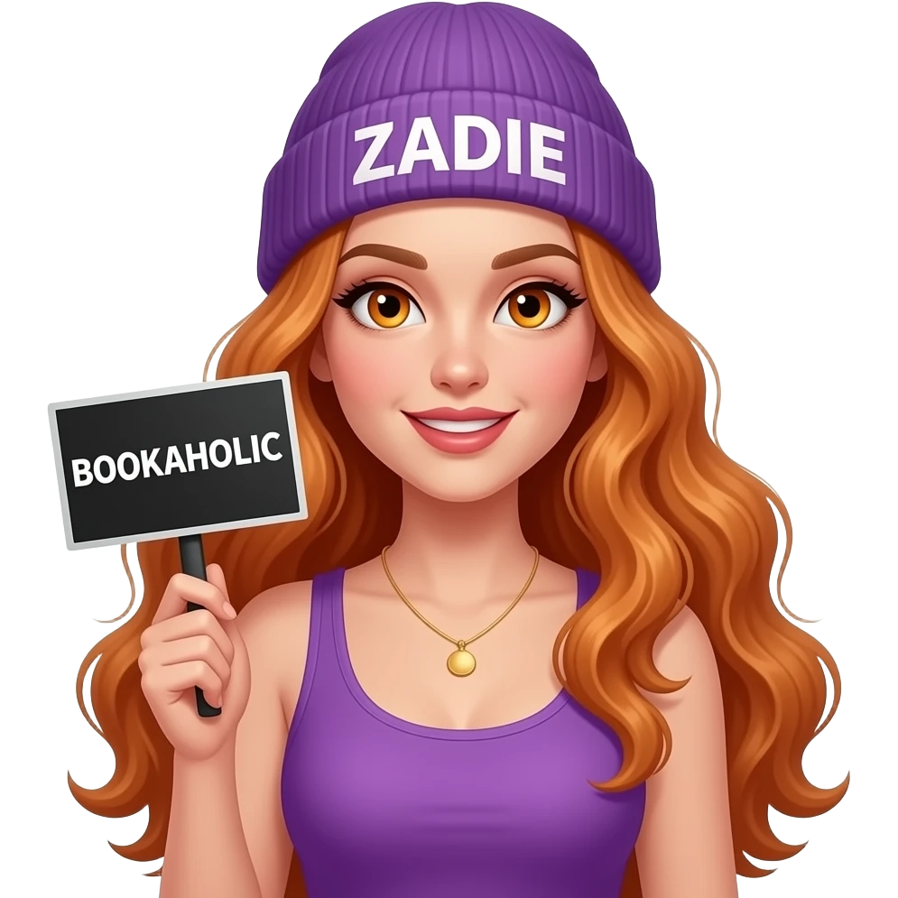 sexy girl with overlong wavy ginger hair and ginger eyes wearing a purple tanktop and a purple beanie with ZADIE written on it, is holding a black sign with BOOKAHOLIC this way written on it emoji