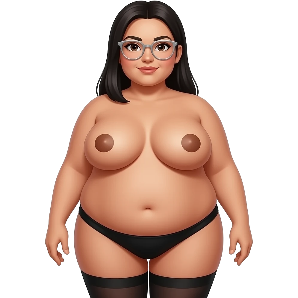 tanned fat chubby woman black long straight hair  with butt wearing black tights no shirt breasts out with round brown nipples and huge breasts round face with silver glasses emoji
