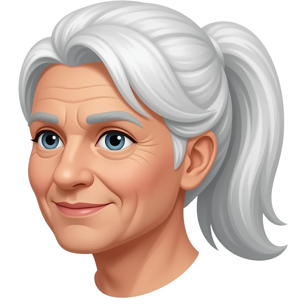 An old lady with her long white hair gathered into a ponytail. emoji