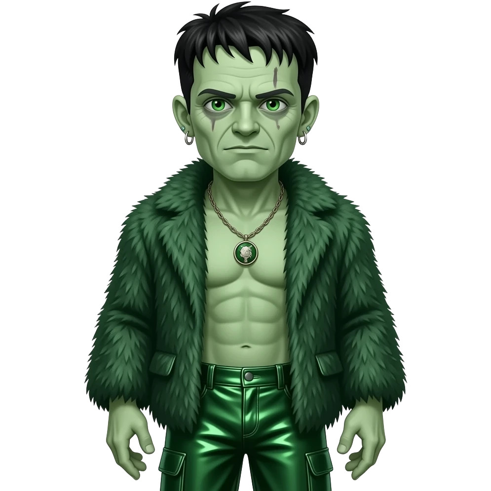 Frankenstein with pale green skin, green eyes, black hair, deep green fur shawl, deep green metallic baggy pants, shirtless with necklace and earrings emoji