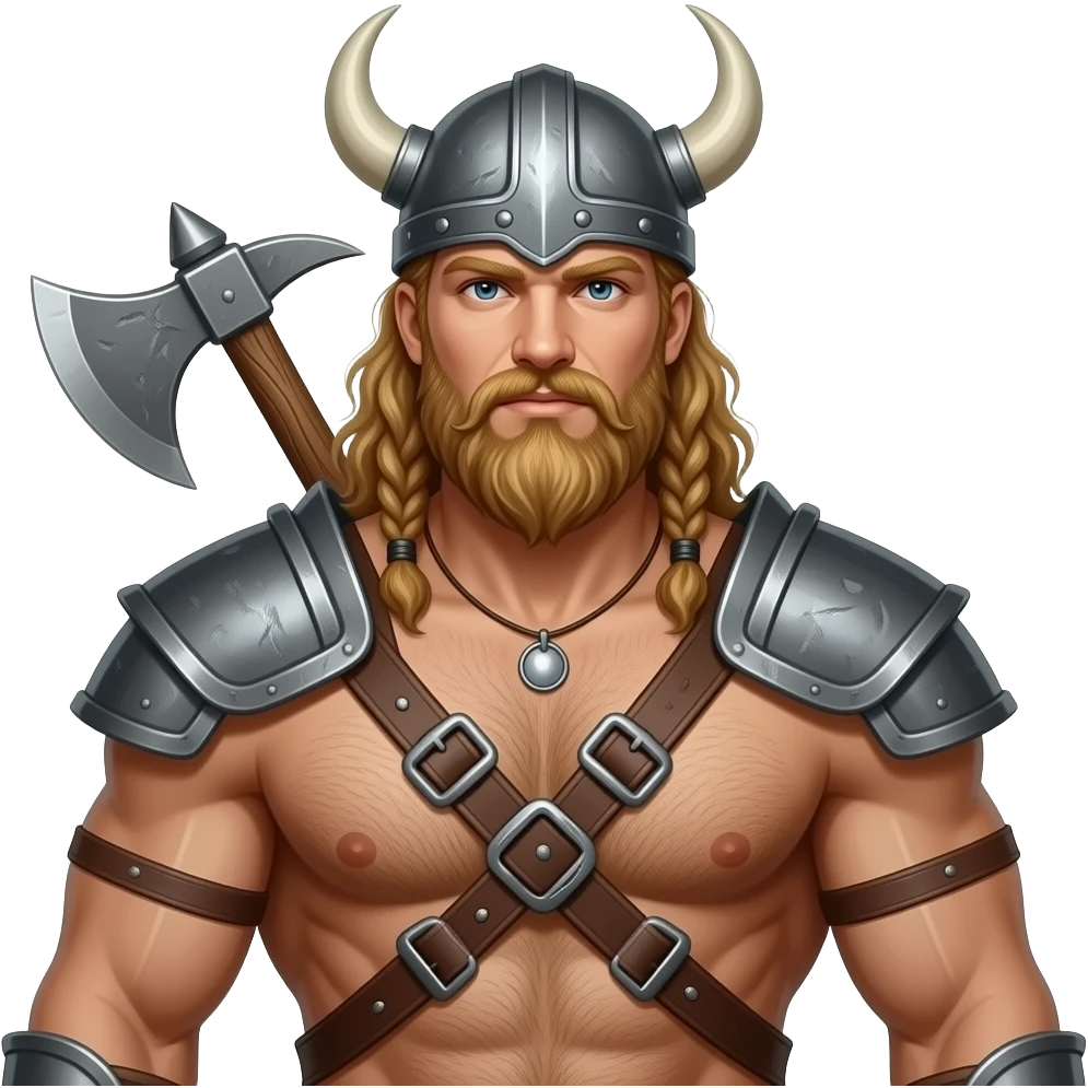 Vikinger mit nackten maskulinen behaarten Oberkörper und starker Brust, mit Leder Riemen und Schulterpanzer. Er trägt eine Axt und ein Helm emoji