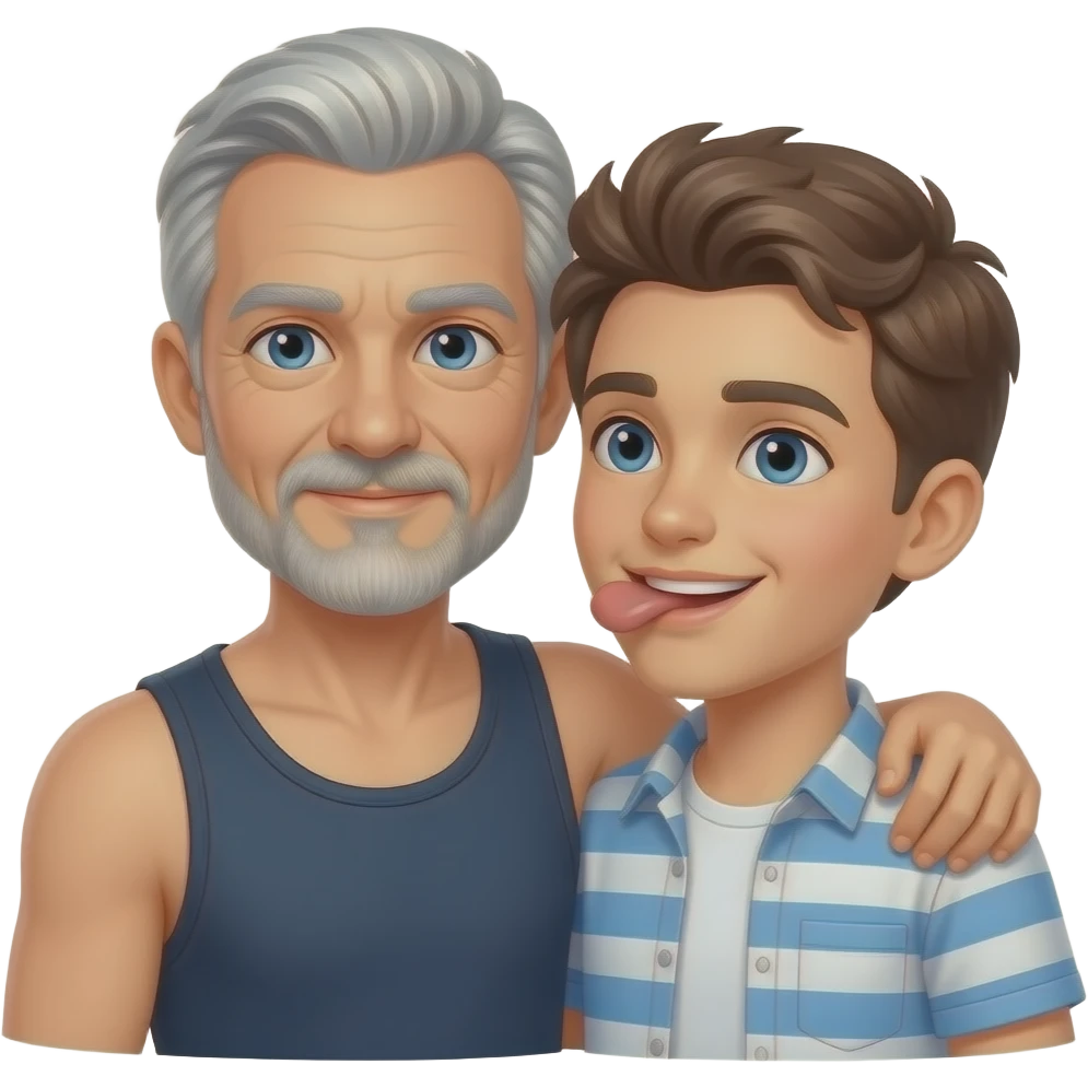 Erstelle ein Emoji von zwei gutaussehenden sexy Brüdern, der eine jünger und der andere älter, der ältere Bruder trägt ein tanktop und legt sein Arm um sein jüngeren Bruder der ein Shirt trägt und leckt ihn über seine Wange. Beide haben blaue Augen emoji