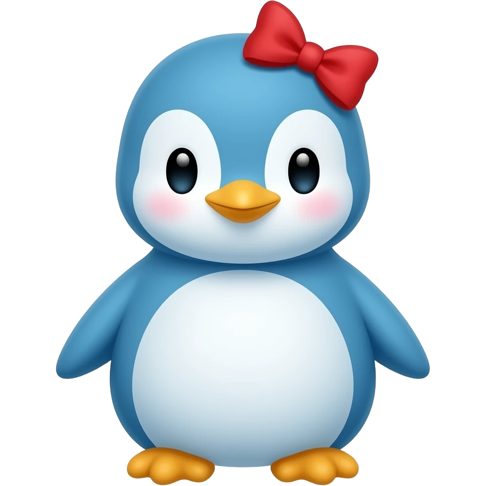 baby blue penguin, blue, with red hairbow on head, just face emoji