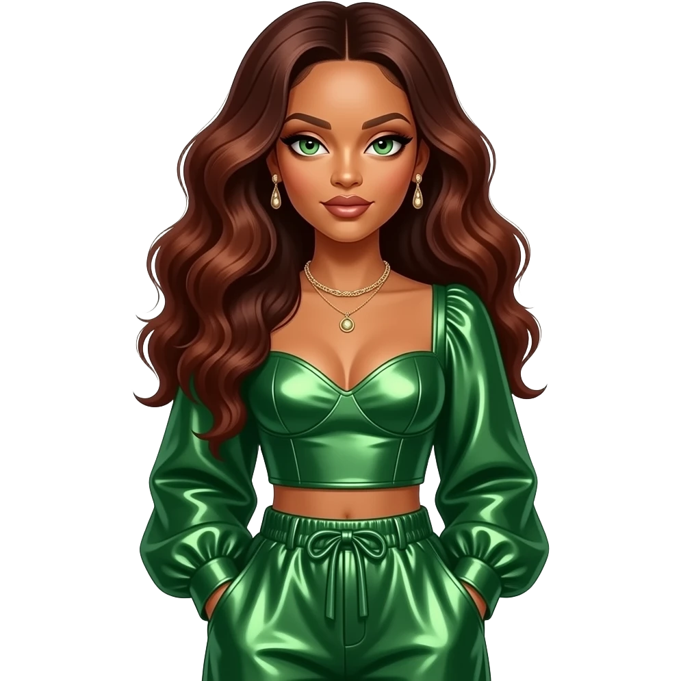 Rihanna with hazel green eyes, long dark auburn hair, green metallic sweetheart blouse, green metallic baggy pants, necklace and earrings emoji