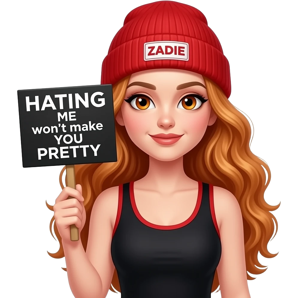 sexy girl with overlong wavy ginger hair and ginger eyes wearing a black red tanktop and a red beanie with ZADIE written on it, is holding a black sign with HATING ME won't make YOU PRETTY written on it emoji