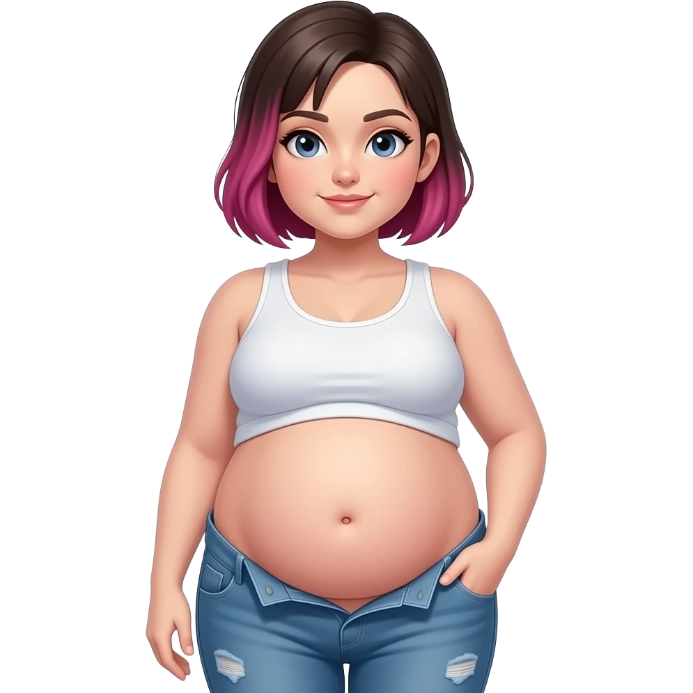 A girl with a semi pixie emo hairstyle,wears a crop top and a unbuttoned pants,stocky robust build,she always looks constantly well fed & pregnant like,her tummy is big & round,heavy in the belly,she is stuffed silly,her bellybutton is deep hollow innie like a tiny void. emoji