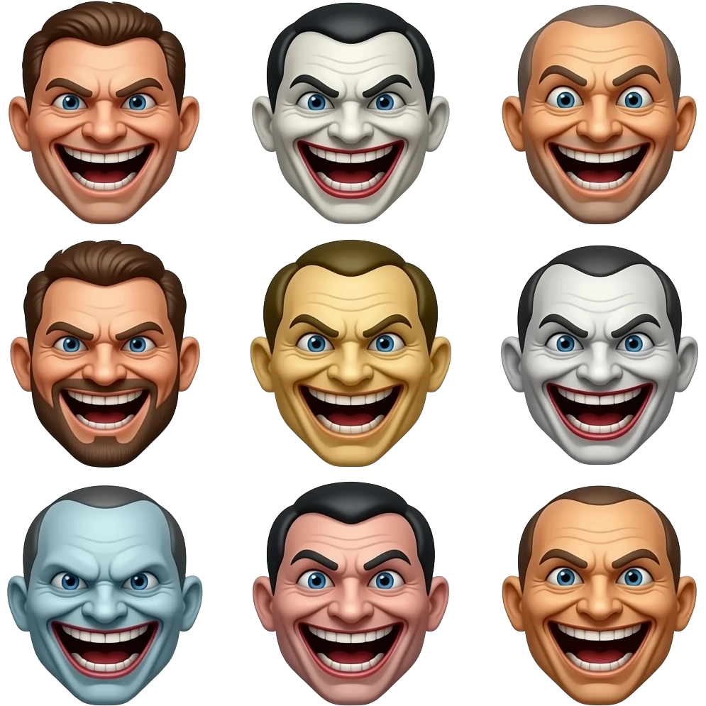 variedad de mascaras burlonas, risas histericas malvadas emoji