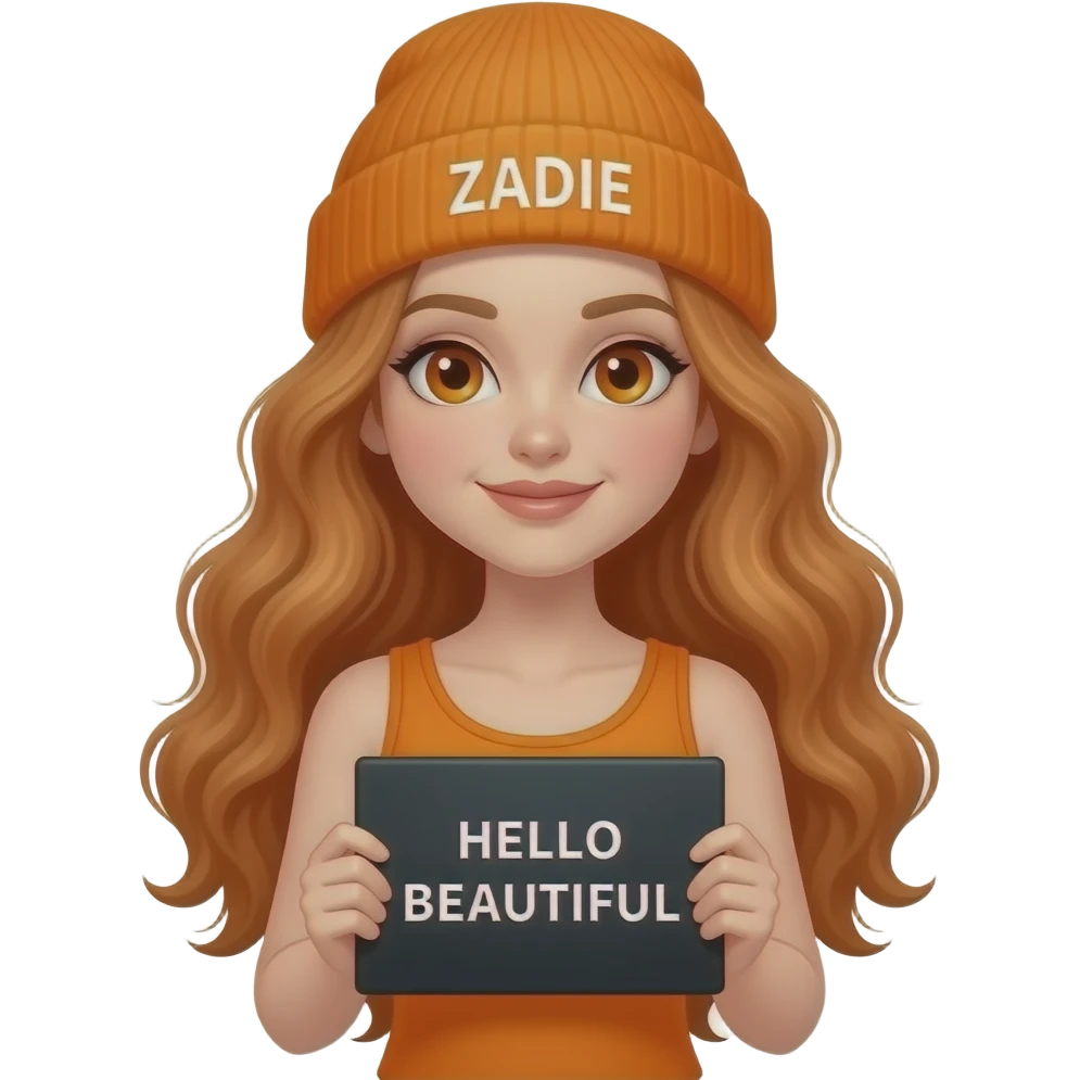 sexy girl with overlong wavy ginger hair and ginger eyes wearing a orange tanktop and a orange beanie with ZADIE written on it, is holding a black sign with HELLO BEAUTIFUL written on it emoji
