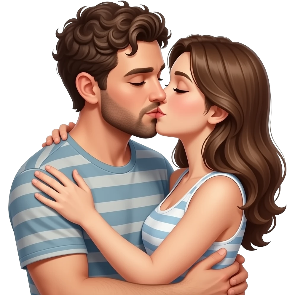 Realistic white man super short curly brown hair with beard kissing passionately and hugging realistic white girl brown hair emoji