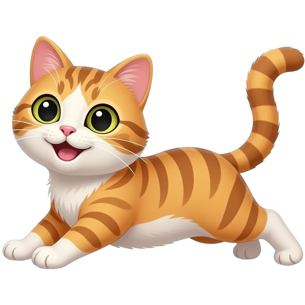 a happy cat doing a big front stretch emoji