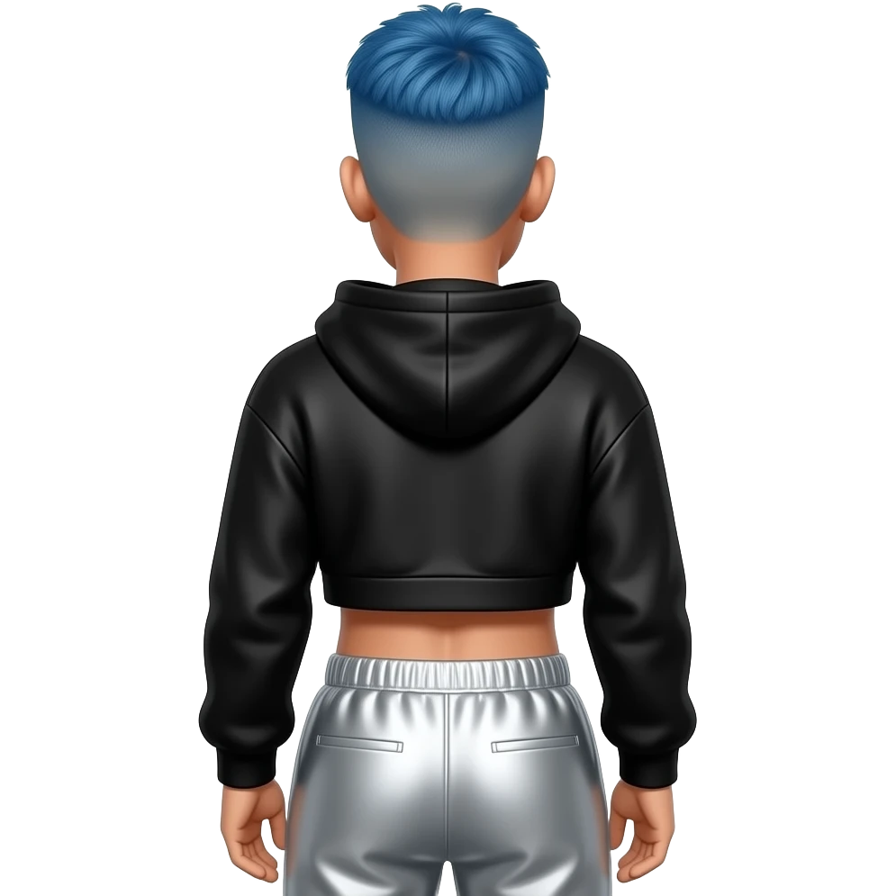 Rauw Alejandro from behind with cornflower blue buzz cut hair, black metallic sweatshirt crop top, silver metallic baggy joggers emoji