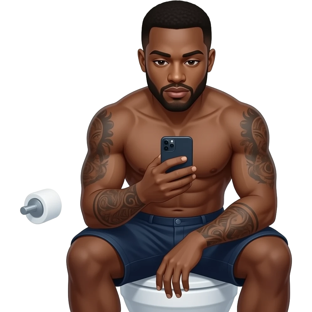 Black man sitting on toilet with shirt off and tattoos .holding a iPhone in his hand emoji