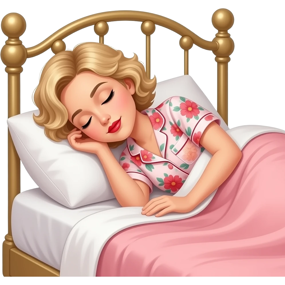 Short curly blond hair side swept red lipstick and peach and RED FLORAL SHORT SLEEVE PAJAMAS SET UNDER A PEACH DUVET SLEEPING ON THE SIDE, BLACK EYEBROWS ON A VITCTORIAN BED emoji