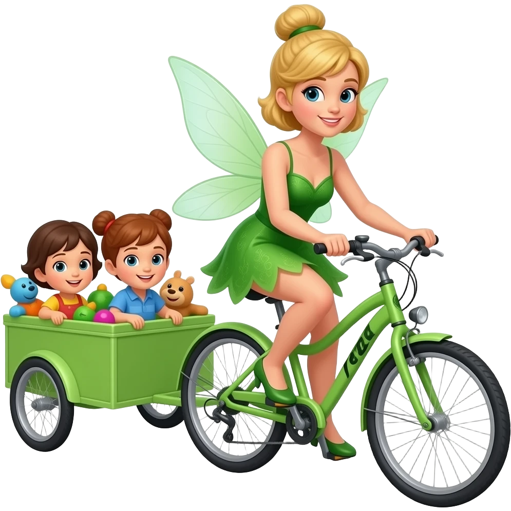 A women who rides a bike a black e in front a little light green bike trailer far kids toys which is attached to the bike avatar’s for kids girl green hair dress fairy kids emoji