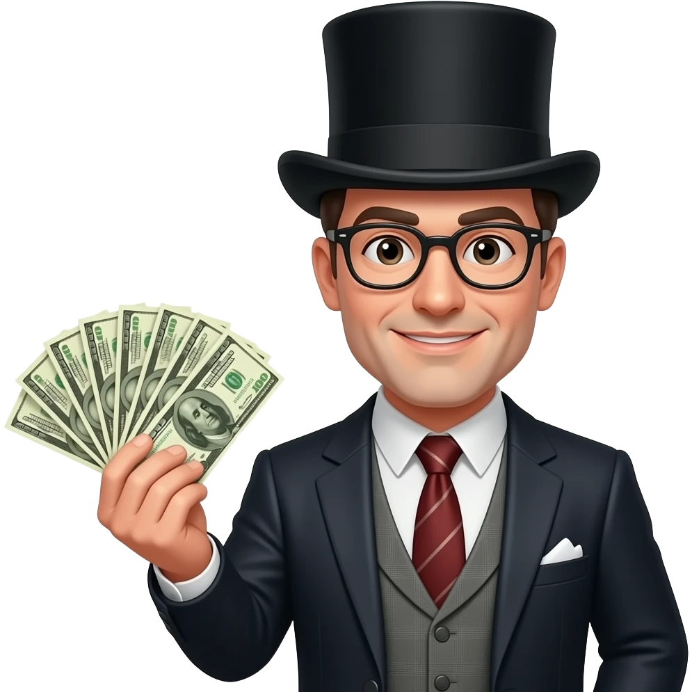 make a man wearing a suit and a top hat doing a money spread in his arm make it like an iPhone emoji emoji