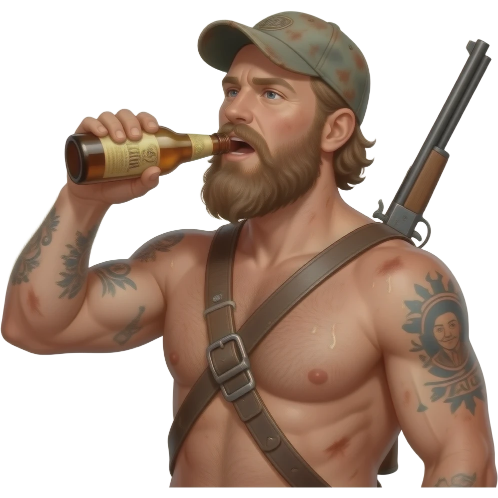 Portrait von einem nackten, typischen redneck mit alten cap und tattoos. Er ist maskulin, behaart. Seine Haut ist staubig und verschwitzt. Er gießt sich von oben ein Bie in den offen Mund, er hat eine Schrotflinte um seinen Rücken umgehängt. Er hat ein ungepflegten, zottligen lange Bart. emoji