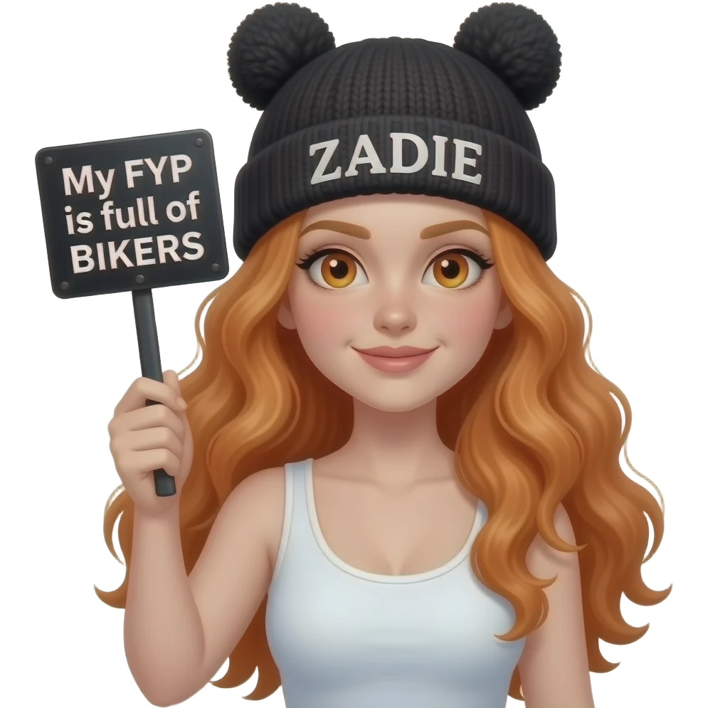 sexy girl with overlong wavy ginger hair and ginger eyes wearing a white tanktop and a black pom pom hat with cat ears with ZADIE written on it is holding a black sign with My FYP is full of BIKERS written on it emoji
