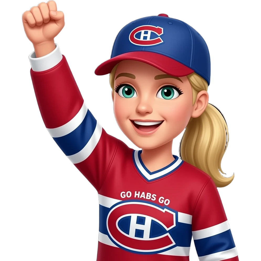 Green eyed Woman Cheering with arm in the air with blonde hair with pony tail, where Montreal Canadians cap and Go Habs Go written on jersey shirt. Put a black background emoji