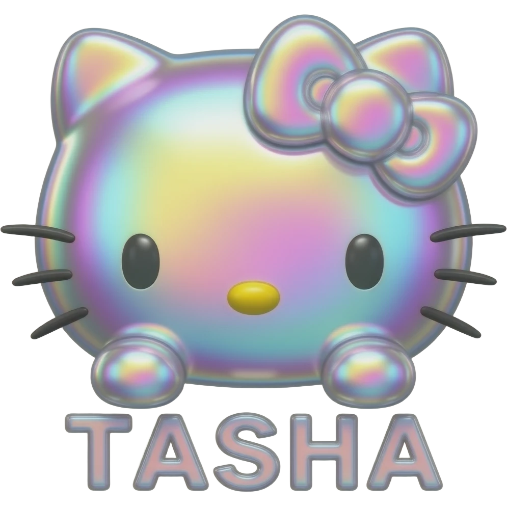Shiny holographic pink yellow and blue colored glass hello Kitty head with the letters TASHA below the front paws emoji