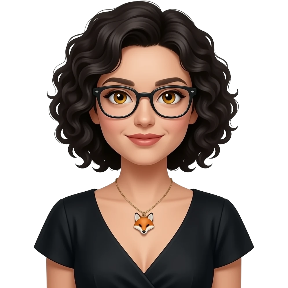 Realisting woman sexy posing elegant black dress with a fox charm necklace model looking calm wearing glasses with honey colored eyes, Italian  and curly black hair emoji