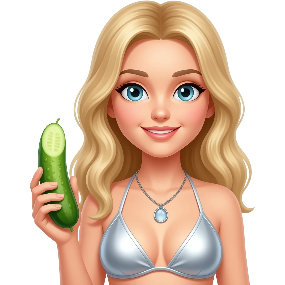 Blonde girl in shiny silver bikini a cucumber in her asd emoji