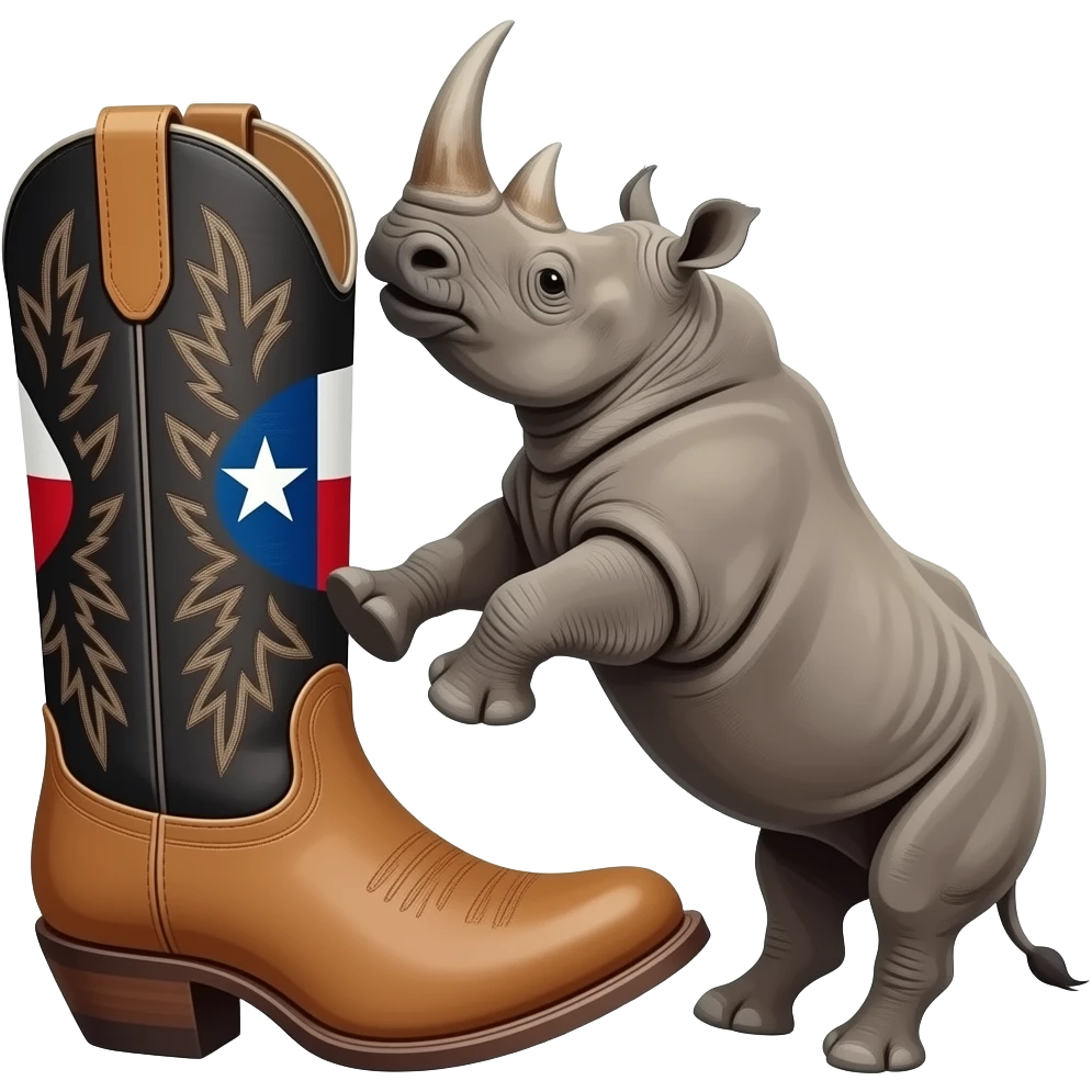 Big texas cowboy boot kicking out a rhino emoji