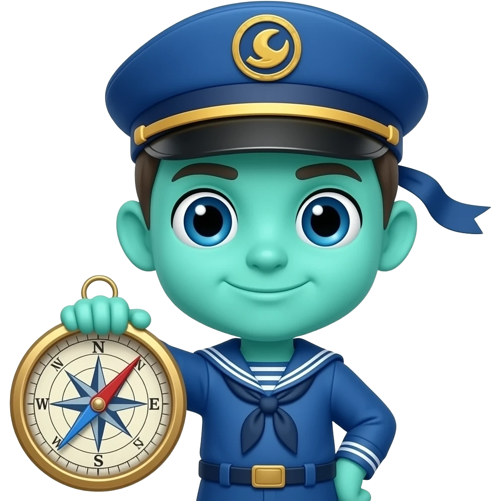 Chibi turquoise-skinned sky sailor, uniform of condensed blue wind, holding a compass that tracks tornado paths. emoji