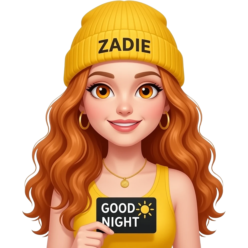 sexy girl with overlong wavy ginger hair and ginger eyes wearing a yellow tanktop and a yellow beanie with ZADIE written on it, is holding a black sign with just GOOD NIGHT  🌝 on it emoji