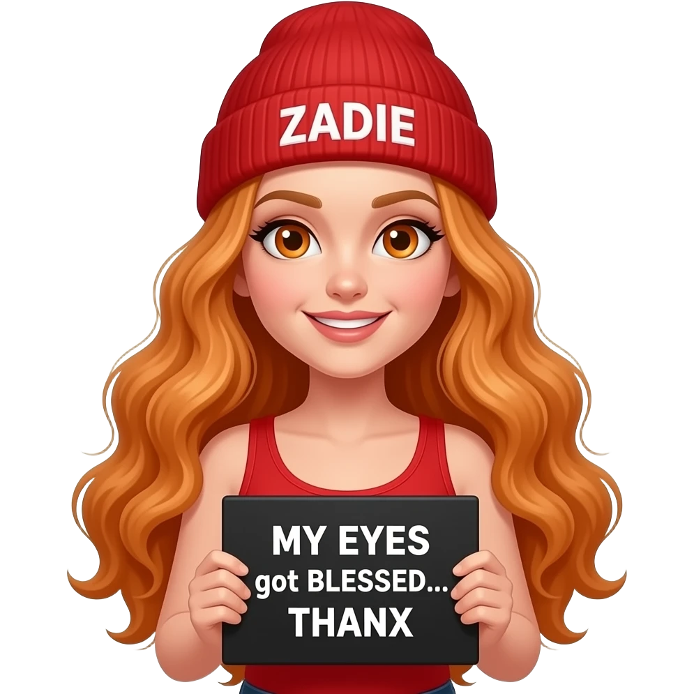 sexy girl with overlong wavy ginger hair and ginger eyes wearing a red tanktop and a red beanie with ZADIE written on it, is holding a black sign with MY EYES got BLESSED... THANX written on it emoji
