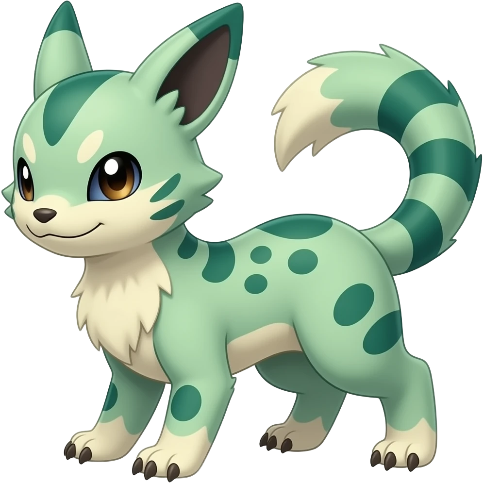 Japanese oriental asian painted Greenish beautiful handsome gorgeous aesthetic colorful vibrant Vernid-Trico-species-Fakemon-creature by LiLaiRa, 4 legs, 1 tail, random markings, (full body) emoji
